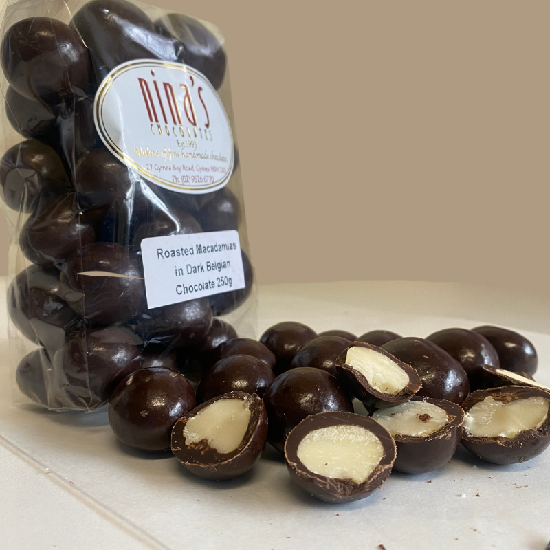 Roasted Macadamias in Dark Belgian Chocolate 250g