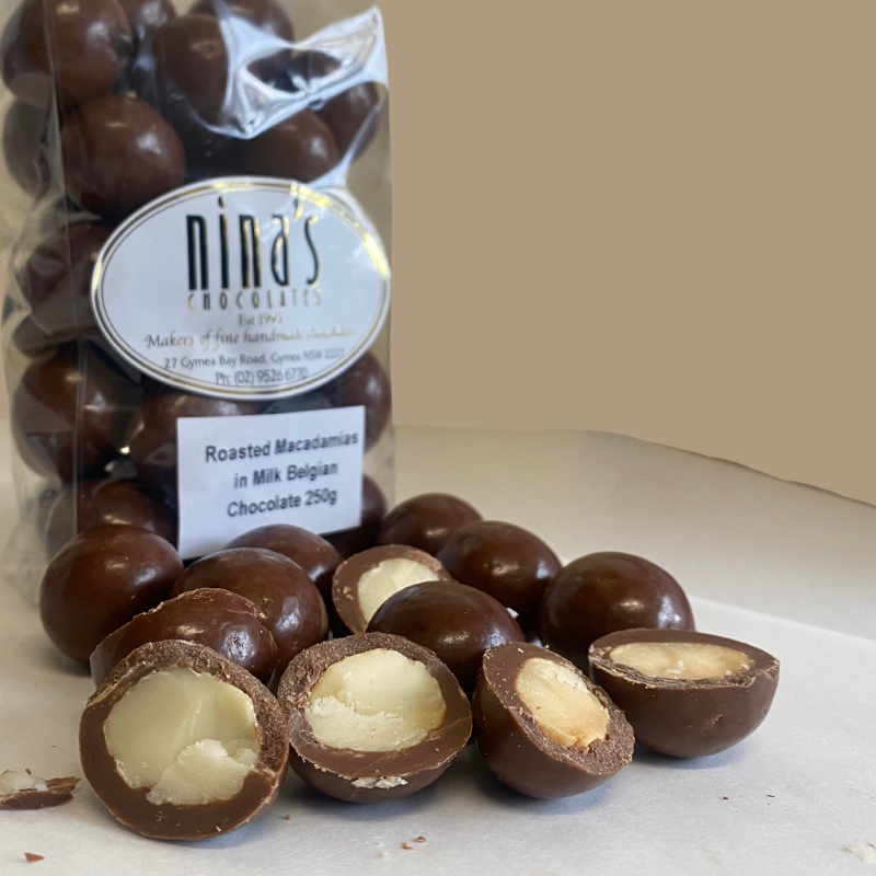 Roasted Macadamias in Milk Belgian Chocolate 250g